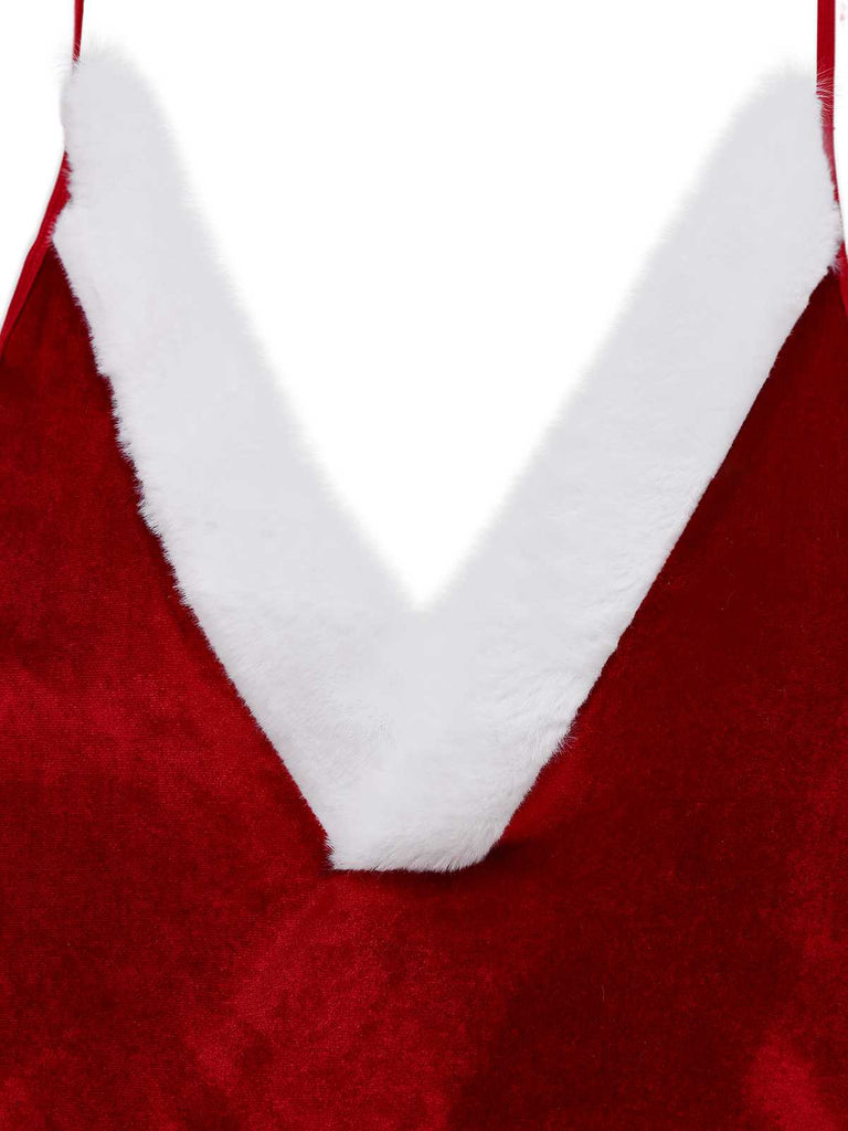 Body de Noël en peluche col en V profond des années 1970 avec chapeau