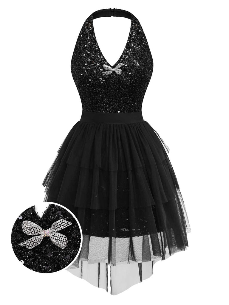 [Prévente] 2PCS robe dos nu à paillettes noires et jupe en maille des années 60