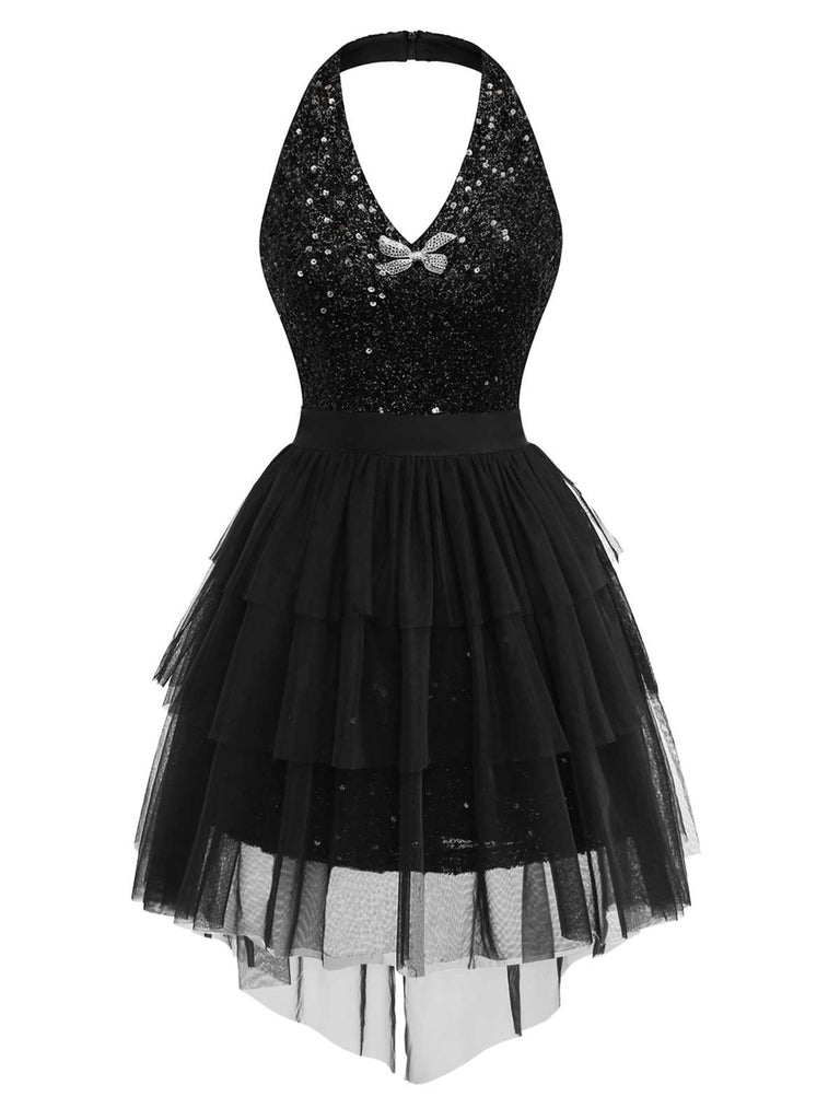 [Prévente] 2PCS robe dos nu à paillettes noires et jupe en maille des années 60