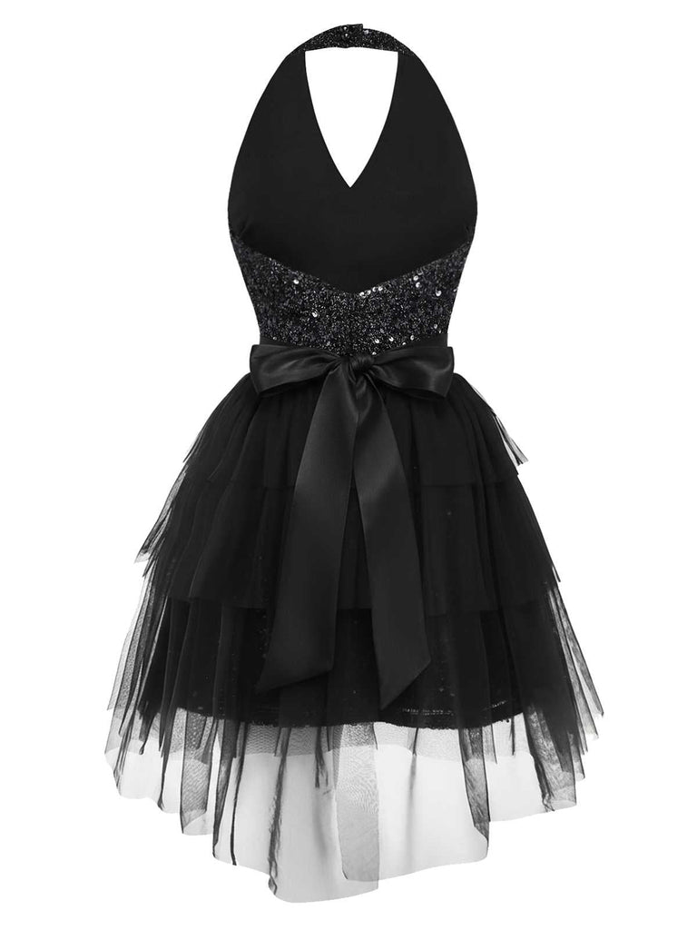 [Prévente] 2PCS robe dos nu à paillettes noires et jupe en maille des années 60