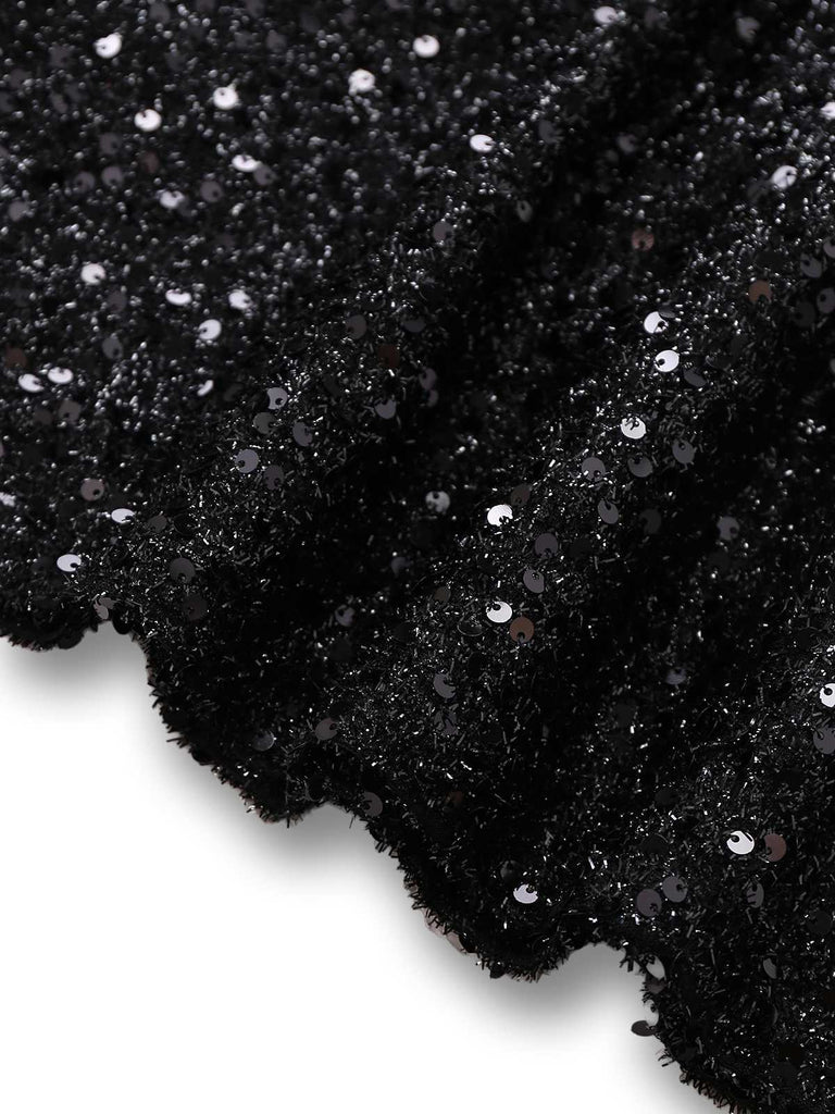 [Prévente] 2PCS robe dos nu à paillettes noires et jupe en maille des années 60