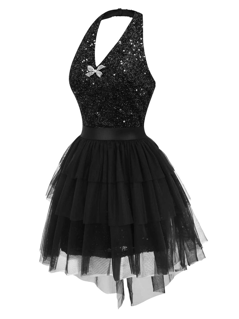 [Prévente] 2PCS robe dos nu à paillettes noires et jupe en maille des années 60