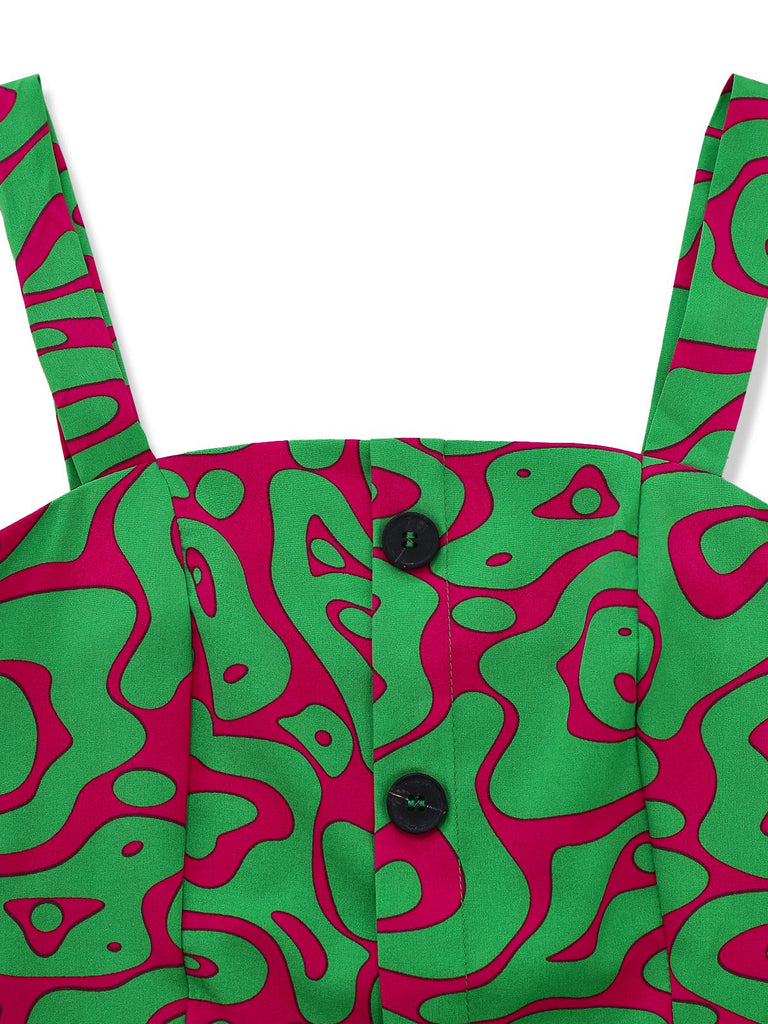 2PCS Haut court et short à boutons verts imprimé abstrait années 1970