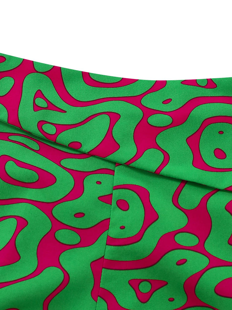 2PCS Haut court et short à boutons verts imprimé abstrait années 1970