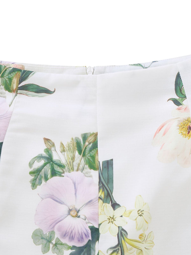 2PCS Ensemble Blouse Lin Fleurie Short Blanc Année 1960