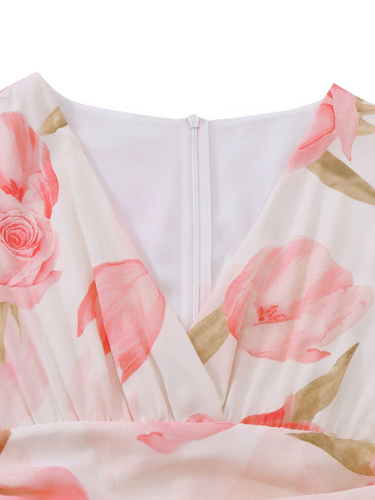 Robe longue rose à imprimé floral col en V et manches bouffantes années 1950