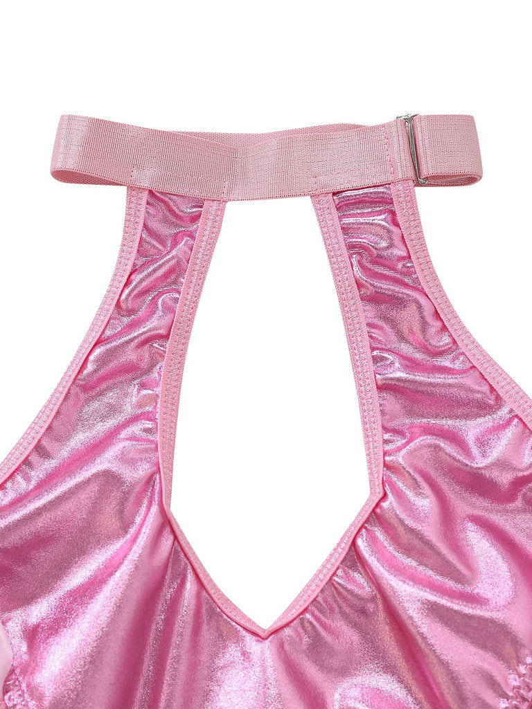 Ensemble De Lingerie Body Bretelles Nues Cuir Verni À Lacets Année 1980