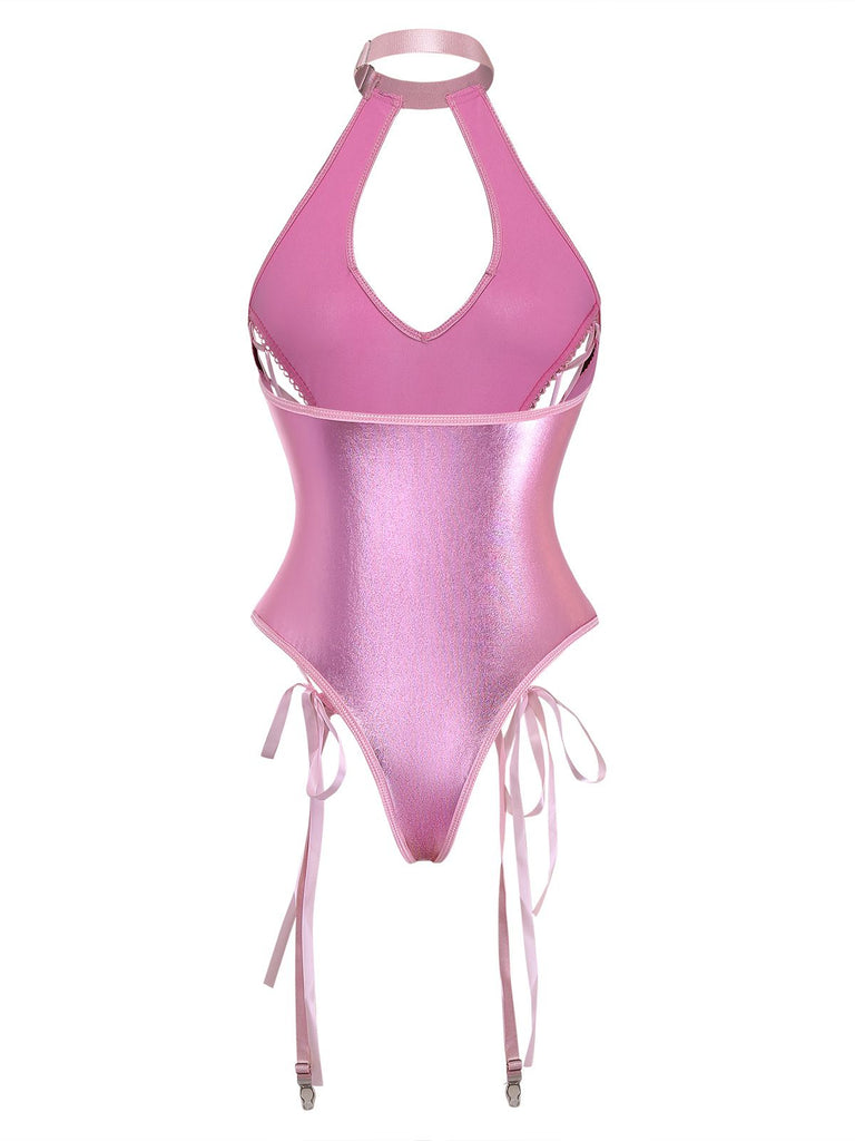 Ensemble De Lingerie Body Bretelles Nues Cuir Verni À Lacets Année 1980