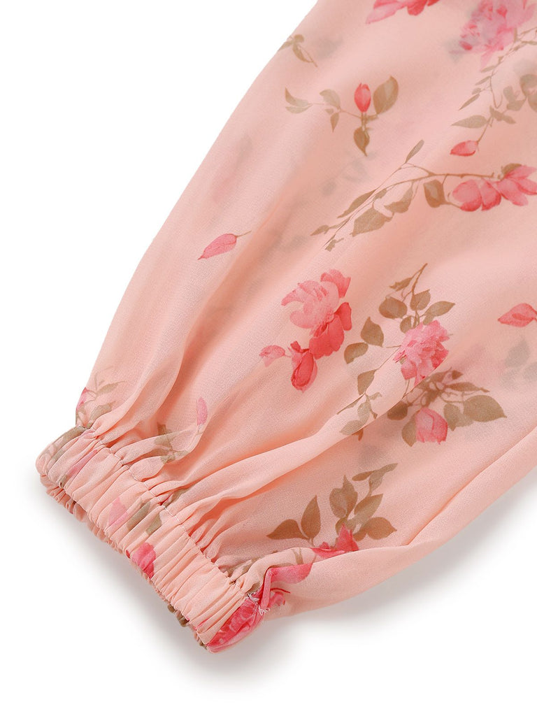 Robe en mousseline rose pâle à fleurs et col en V années 1930