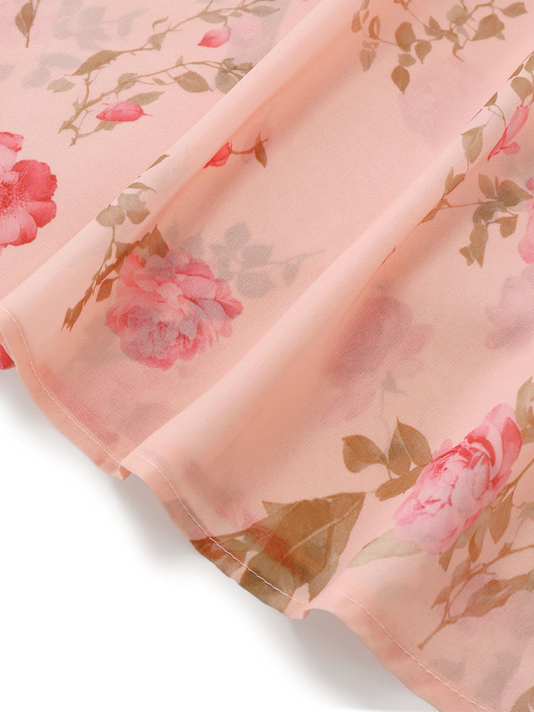 Robe en mousseline rose pâle à fleurs et col en V années 1930