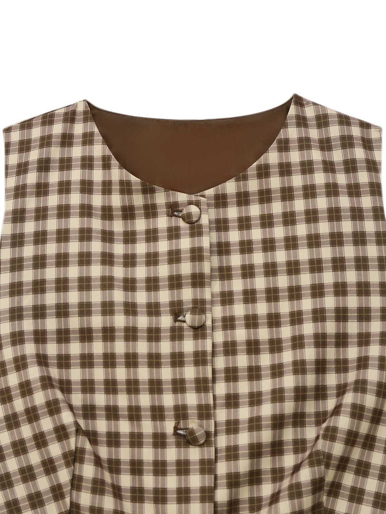 2PCS Gilet et jupe plissés à carreaux vichy marron des années 1960