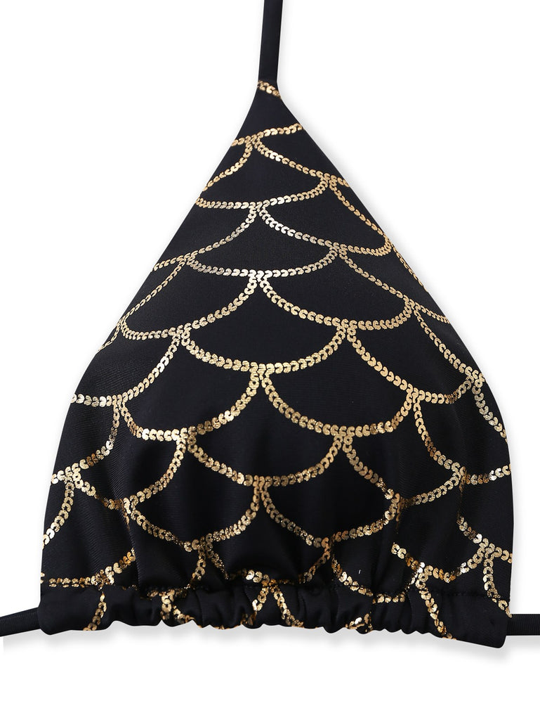 Ensemble bikini écailles sirène dos nu Noire Doré années 1970