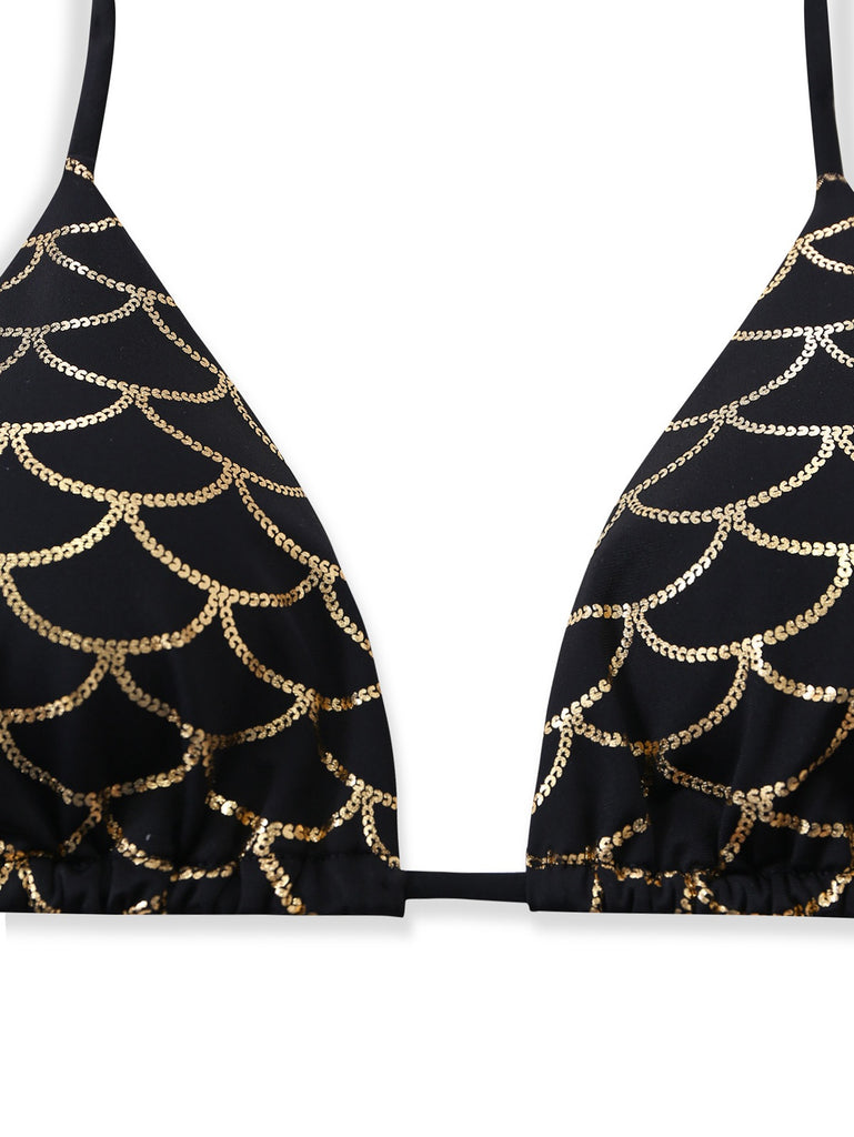 Ensemble bikini écailles sirène dos nu Noire Doré années 1970