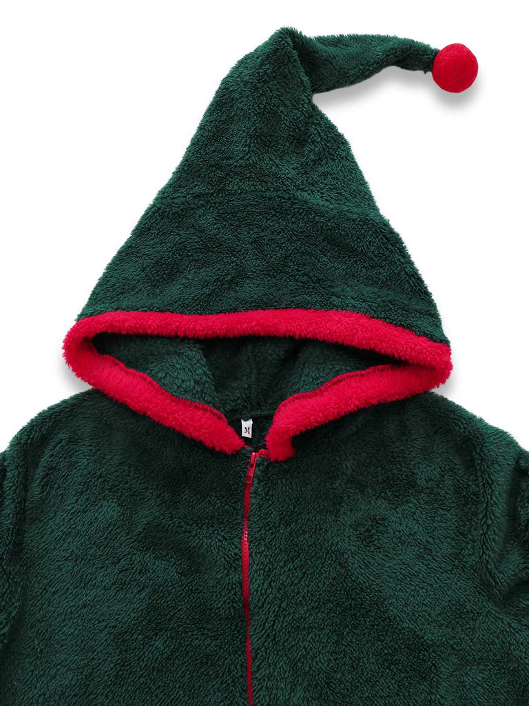 Combinaison pyjama de Noël verte en sherpa à capuche années 1970