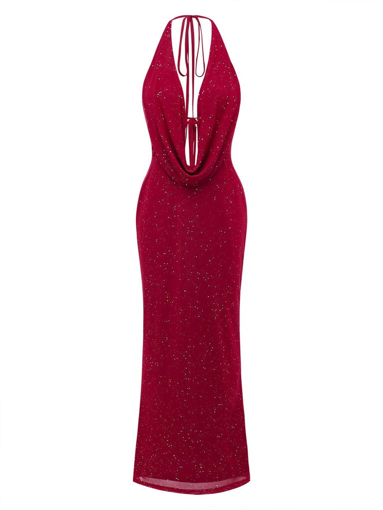 Robe maxi fendue licou pailletée dos nu col cowl 1980s