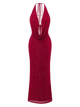 Robe maxi fendue licou pailletée dos nu col cowl 1980s