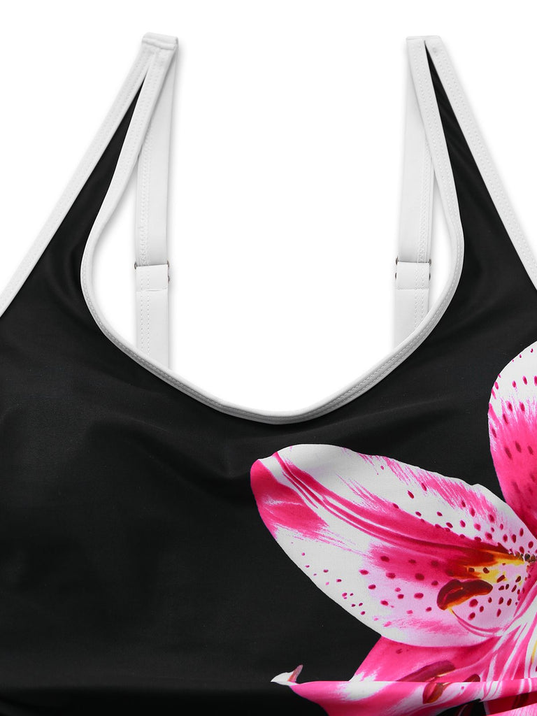 Maillot de bain une pièce tankini à fleurs noires années 1940