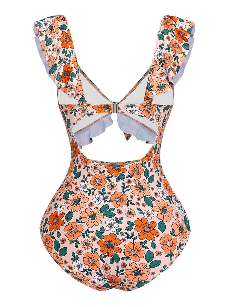 Maillot de bain une pièce à volants et découpes florales nœud sur le devant années 1930