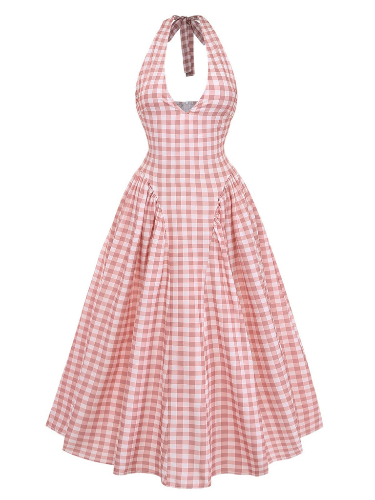 Robe longue évasée sans manches col V carreaux vichy rose années 1940