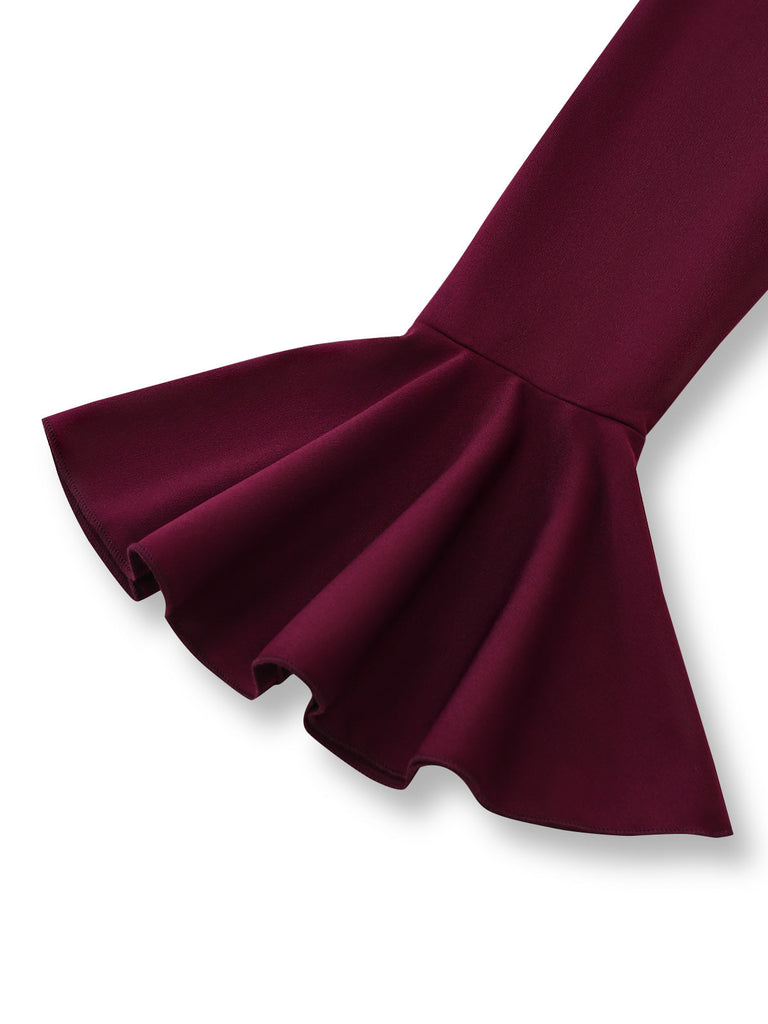 Robe plissée unie à épaules dénudées et manches cloche années 1930