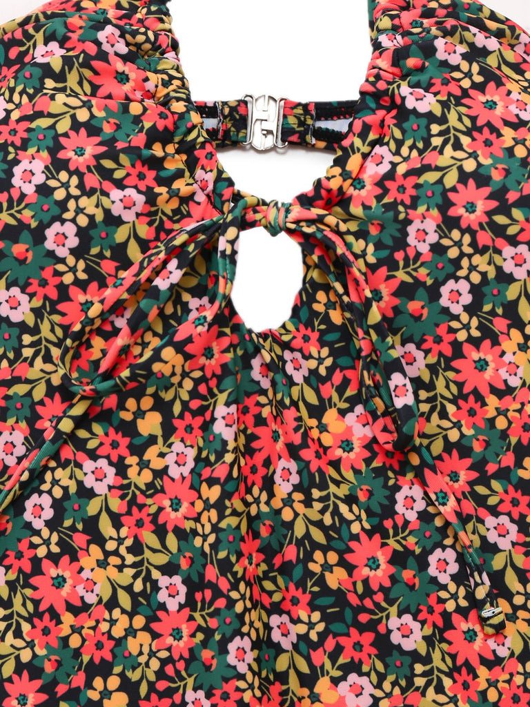 Maillot de bain une pièce à bretelles et cordons floraux des années 1930