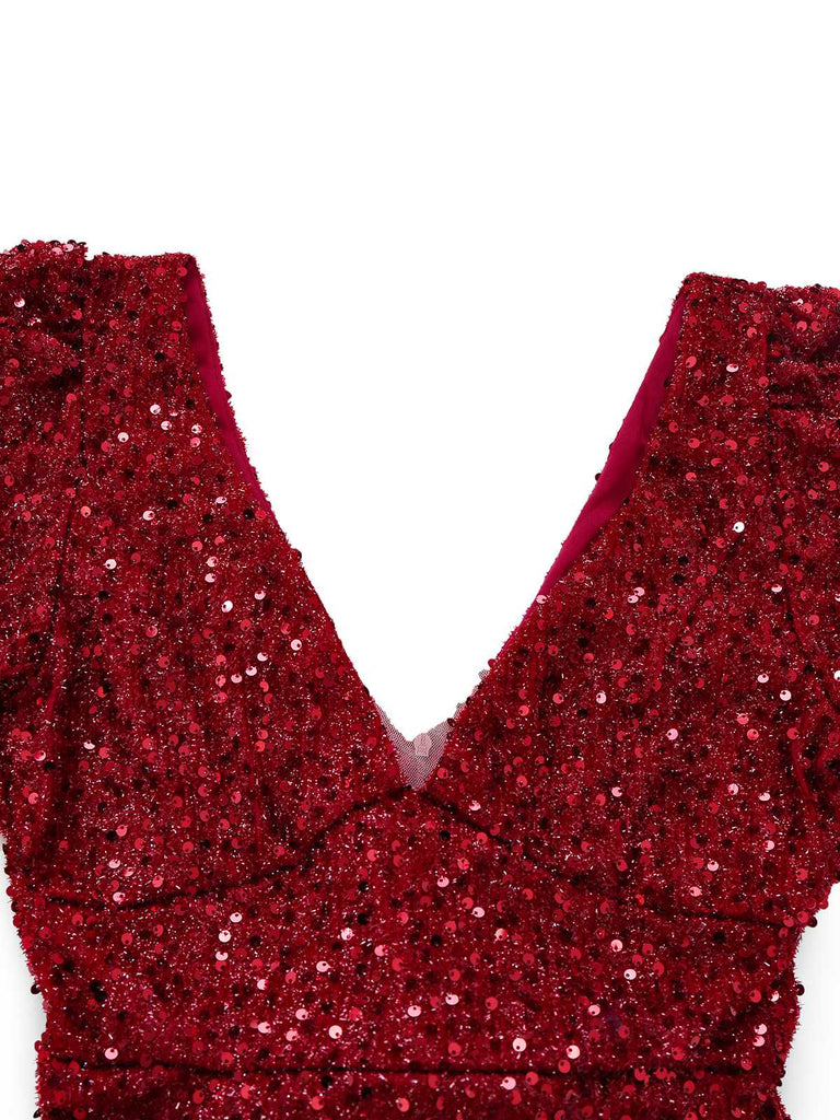 [Prévente] Robe sirène longue à paillettes et nœud rouge vin années 30