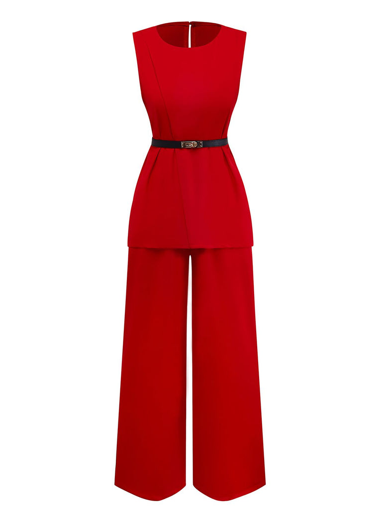 2PCS Ensemble Gilet Sans Manches Pantalon Ceinturé Années 1960