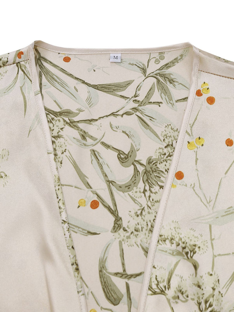 2PCS Nuisette en satin à bretelles et peignoir fleuries des années 1950