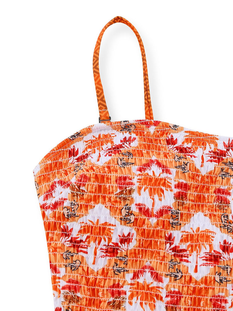 Maillot de bain orange imprimé cocotier tropical années 1960