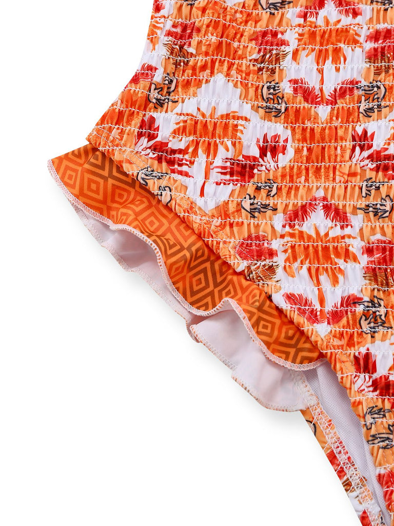 Maillot de bain orange imprimé cocotier tropical années 1960