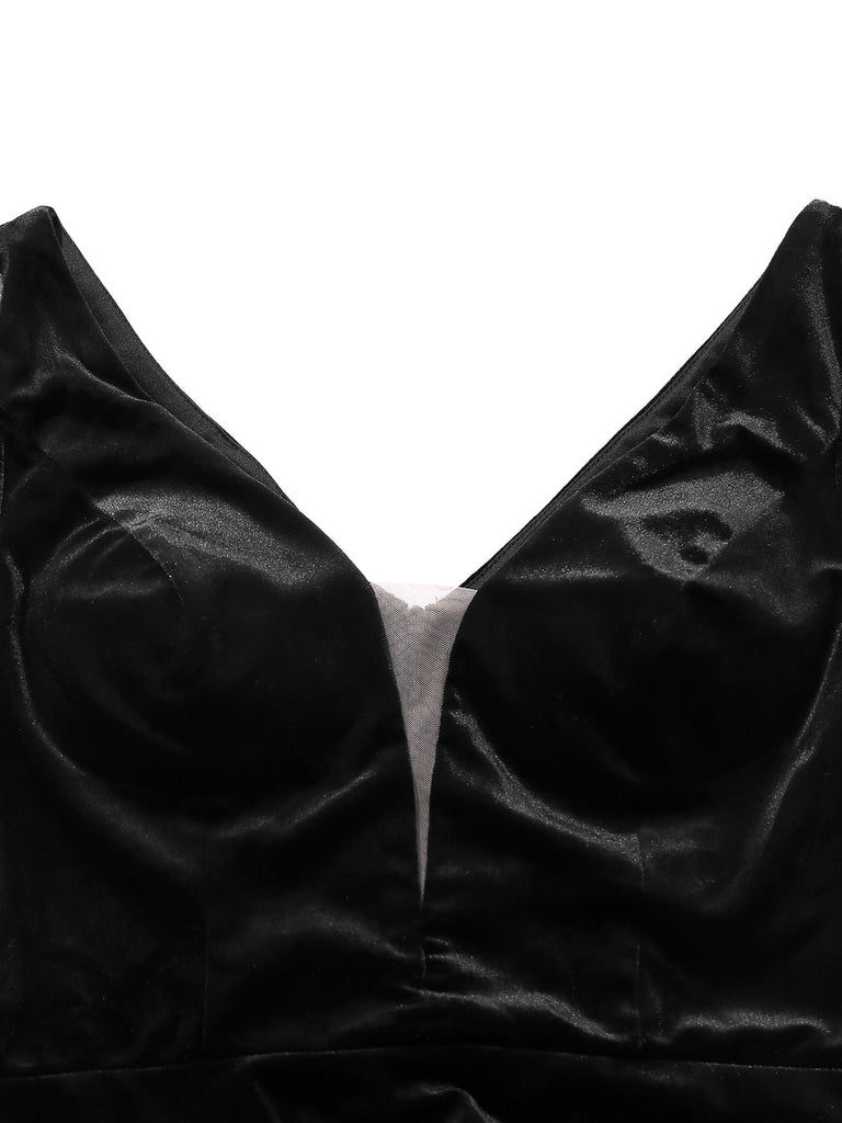 Robe sirène noire à fleurs, volants et taille froncée années 1980