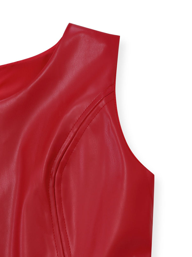 Robe trapèze sans manches en cuir uni années 1980