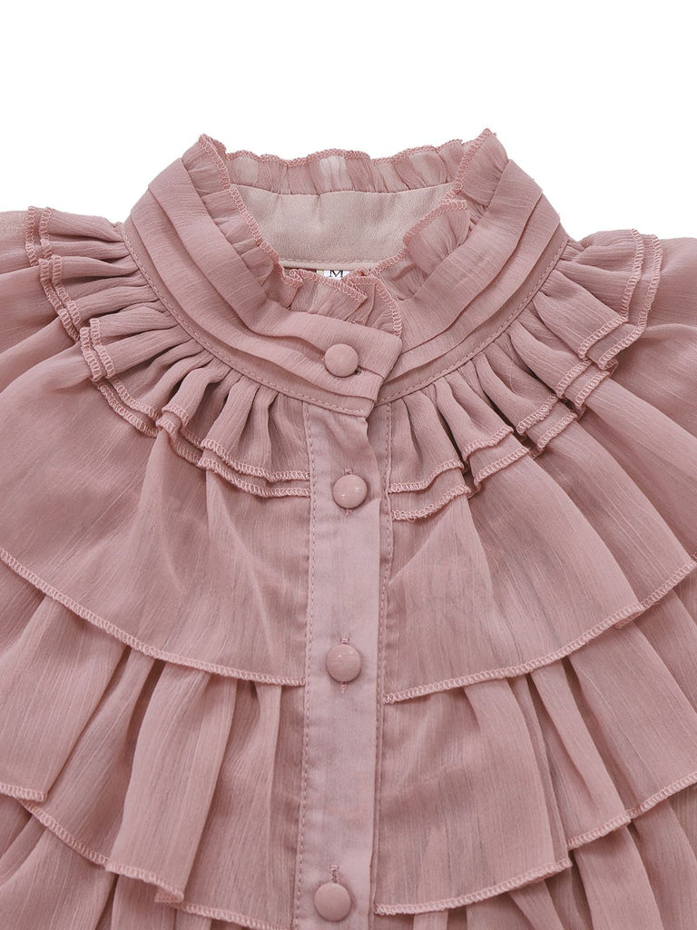 Chemisier col haut et volants en mousseline rose des années 1980