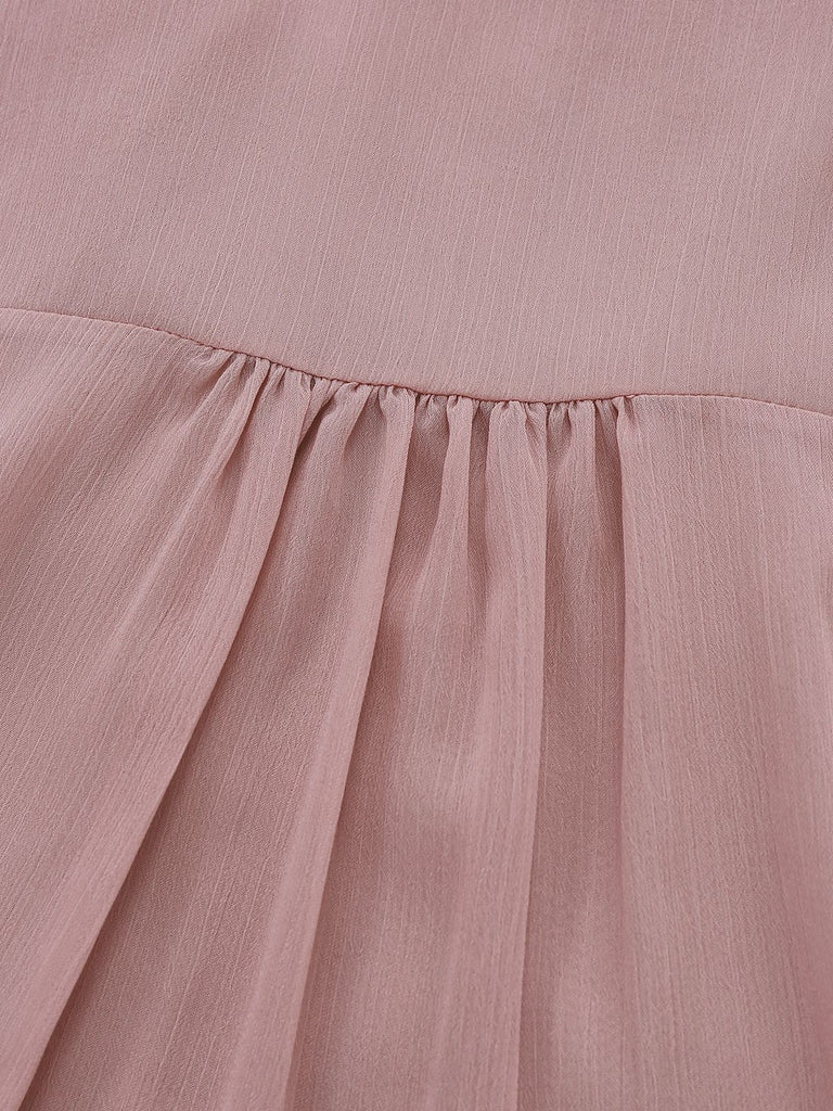 Chemisier col haut et volants en mousseline rose des années 1980