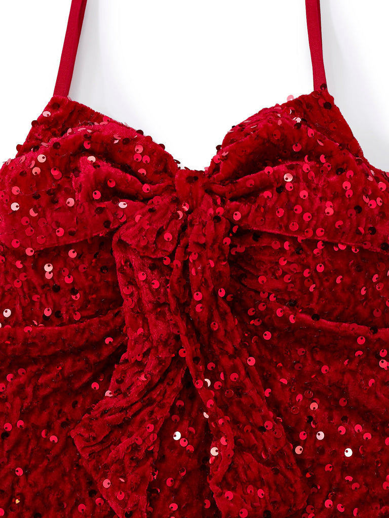 Ensemble robe rouge à paillettes torsadées Noël années 1960