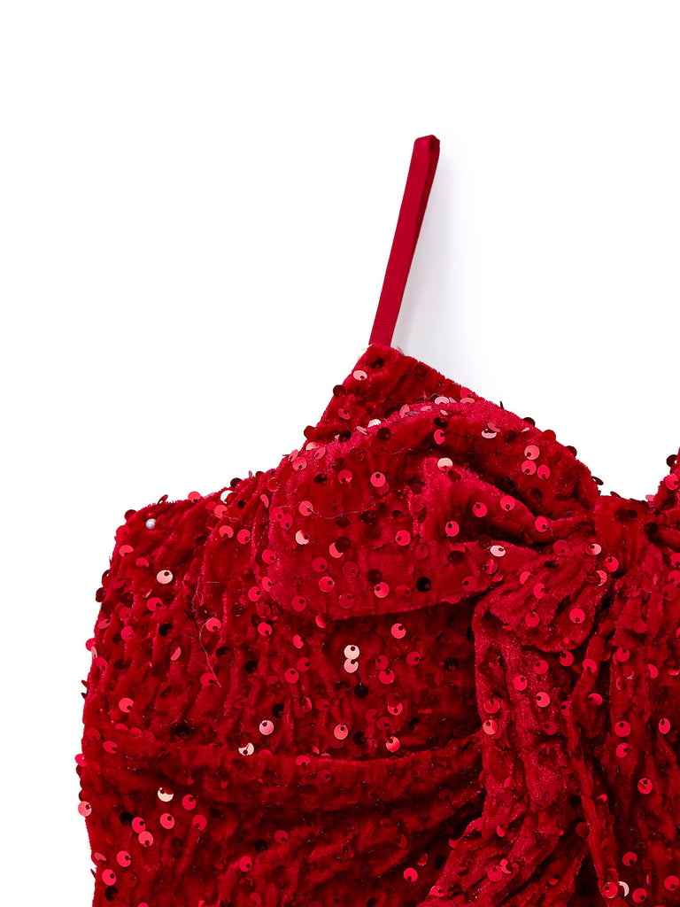 Ensemble robe rouge à paillettes torsadées Noël années 1960