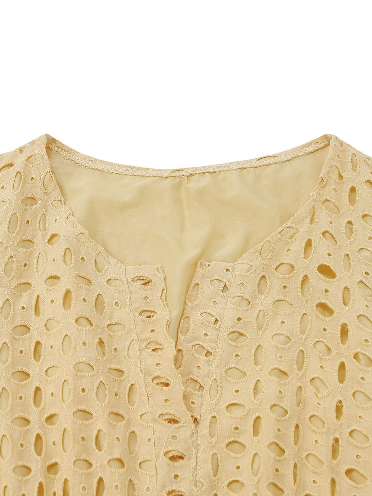 Robe longue volants col V dentelle ajourée années 1940