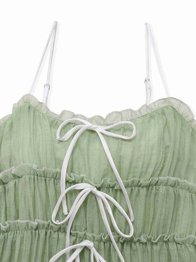 Robe verte à bretelles spaghetti et nœud papillon années 1940
