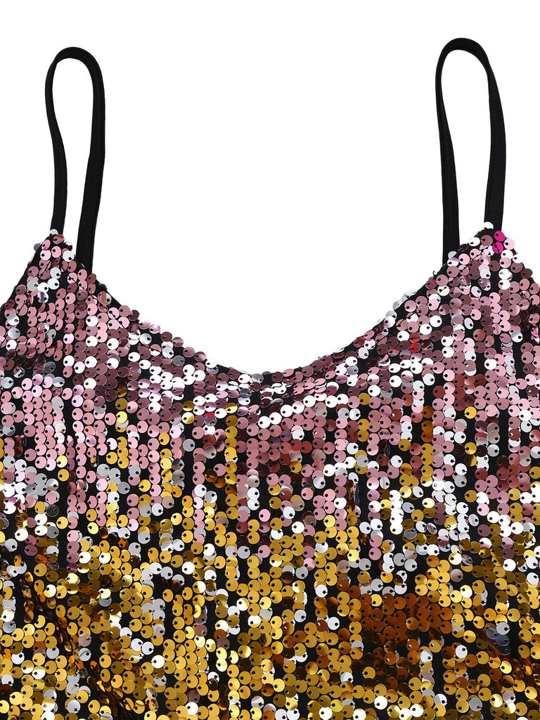 Robe moulante à sequins multicolores bretelles spaghetti des années 1980