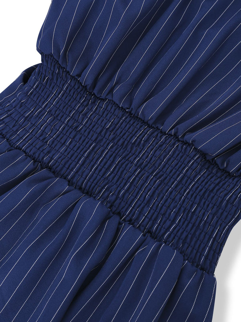 Robe chemise rayée fines bleue col Johnny des années 60