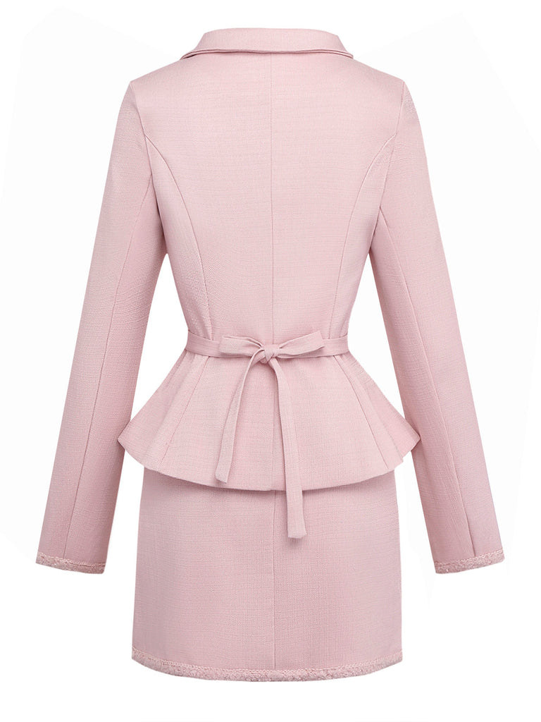 Ensemble blazer et jupe boutonnés rose pâle années 1980
