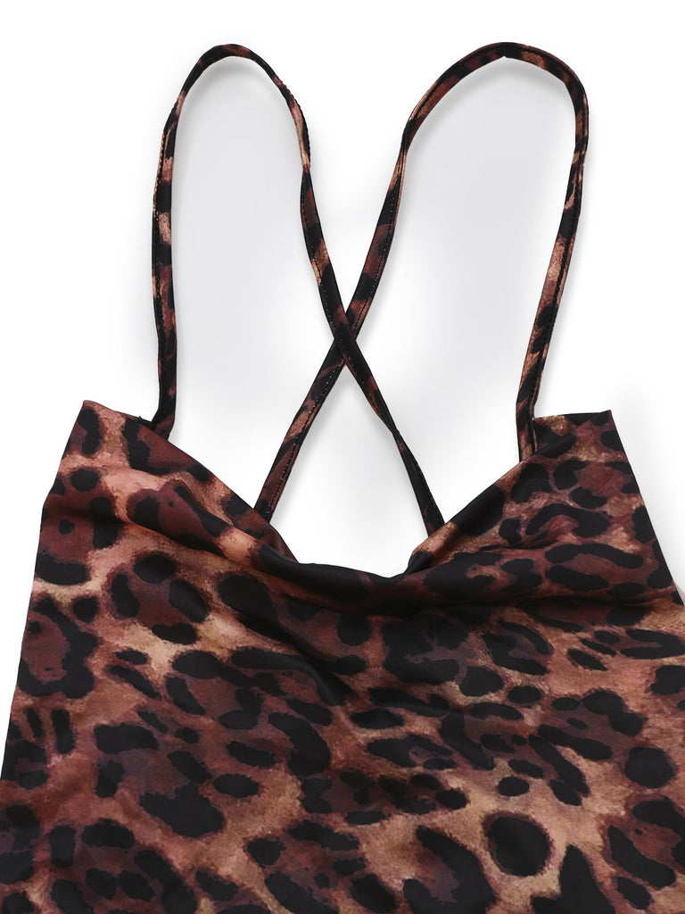 Robe à bretelles spaghetti dos nu à imprimé léopard années 1930