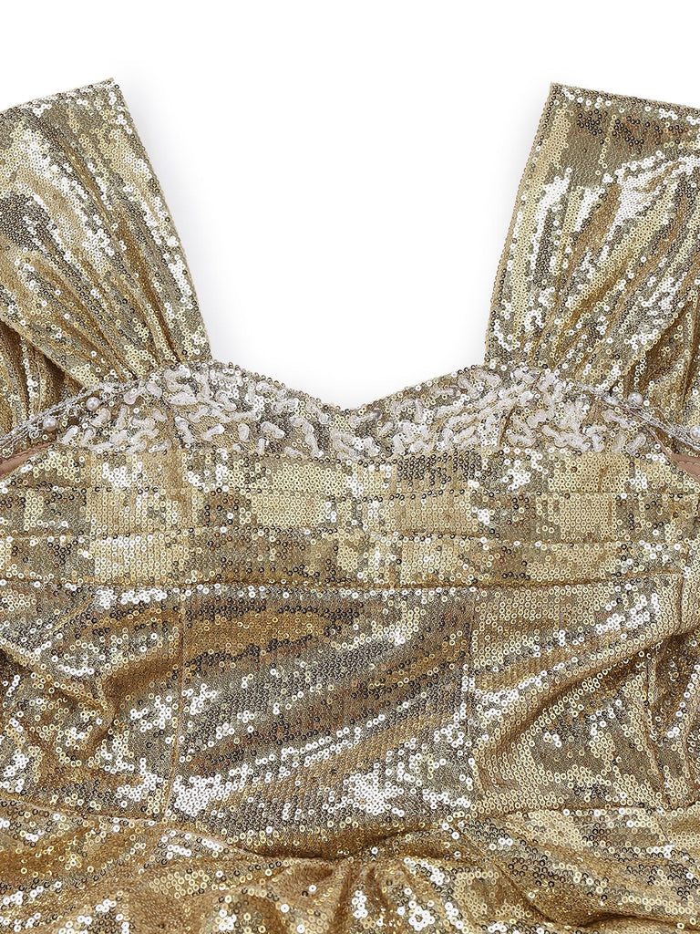 Robe de soirée dorée sequins épaules dénudées années 1980