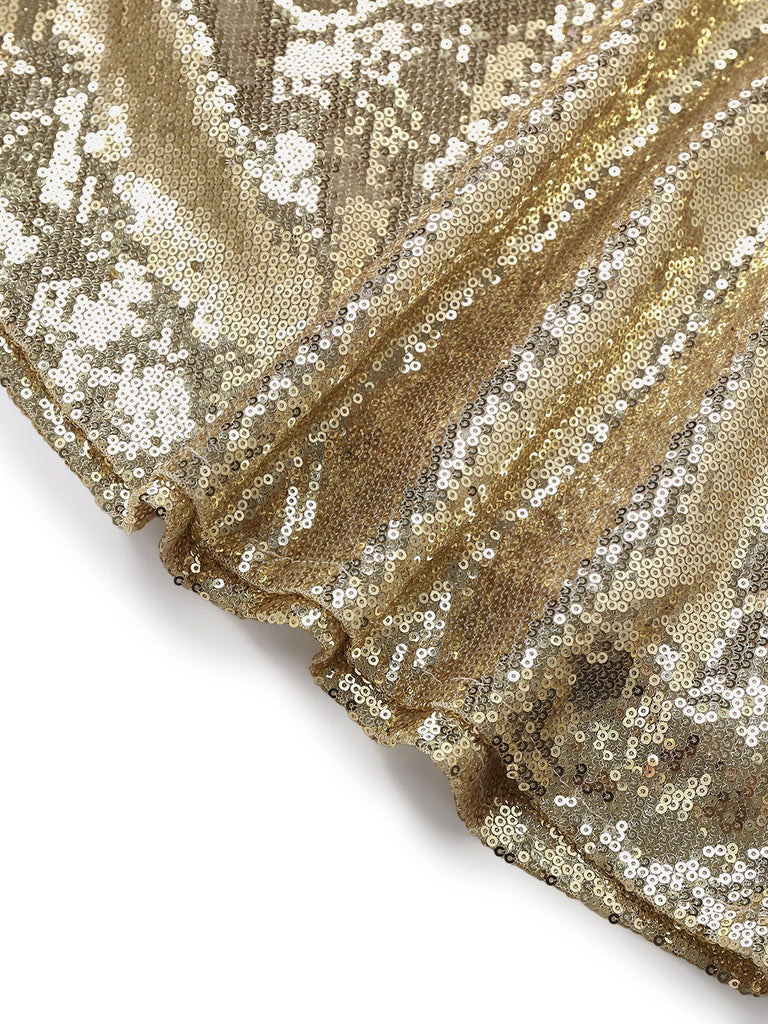 Robe de soirée dorée sequins épaules dénudées années 1980