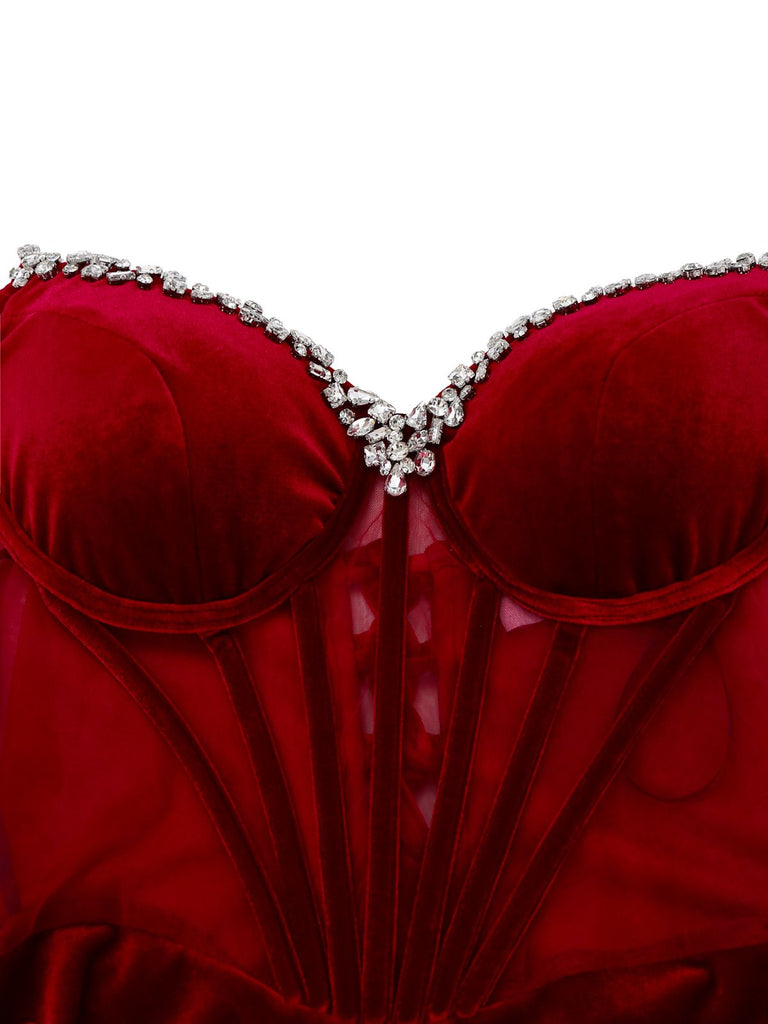 Robe bustier baleinée fendue en velours bordeaux des années 1980