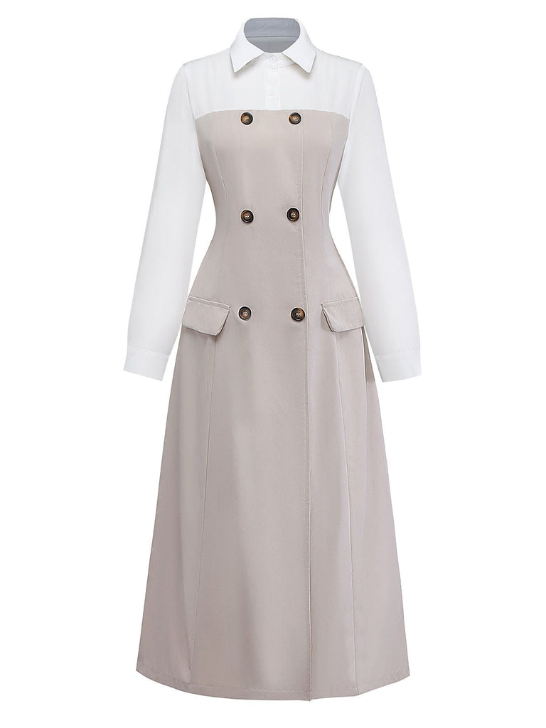 Robe Midi Beige Bloc Couleur Revers Boutonnée Années 1940