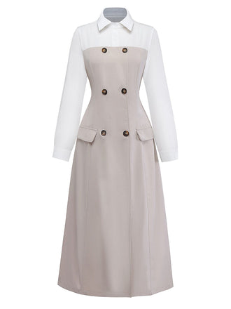 Robe Midi Beige Bloc Couleur Revers Boutonnée Années 1940