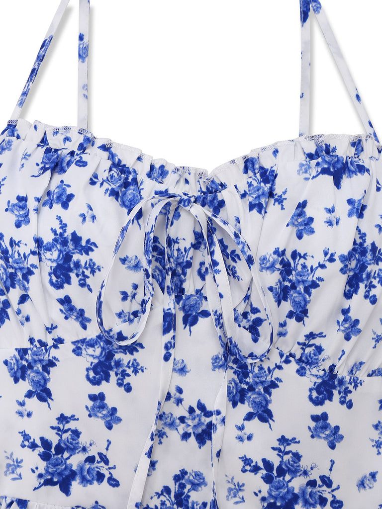Robe bleue à bretelles fines et fleurs des années 1950