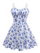 Robe bleue à bretelles fines et fleurs des années 1950