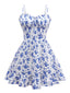 Robe bleue à bretelles fines et fleurs des années 1950